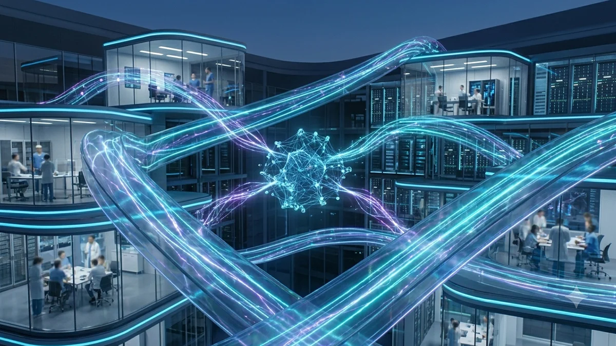 Visualisierung eines Klinikgebäudes mit leuchtenden Datenpfaden und einem KI-Netzwerk im Zentrum