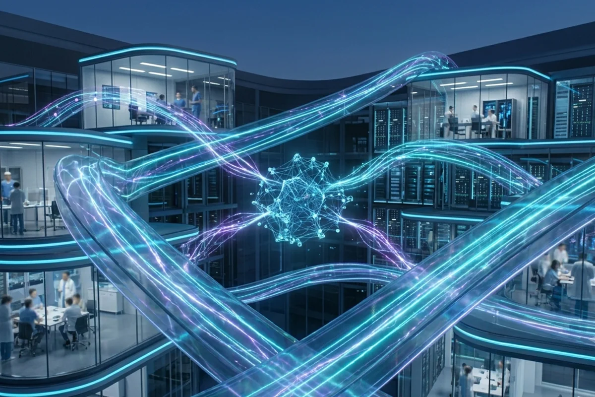 Visualisierung eines Klinikgebäudes mit leuchtenden Datenpfaden und einem KI-Netzwerk im Zentrum
