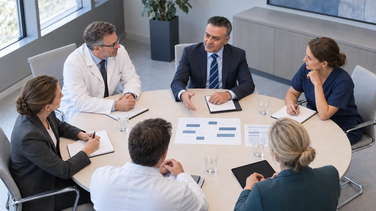 Besprechung am runden Tisch mit Ärztinnen, Ärzten und Geschäftsführung über Strategieunterlagen